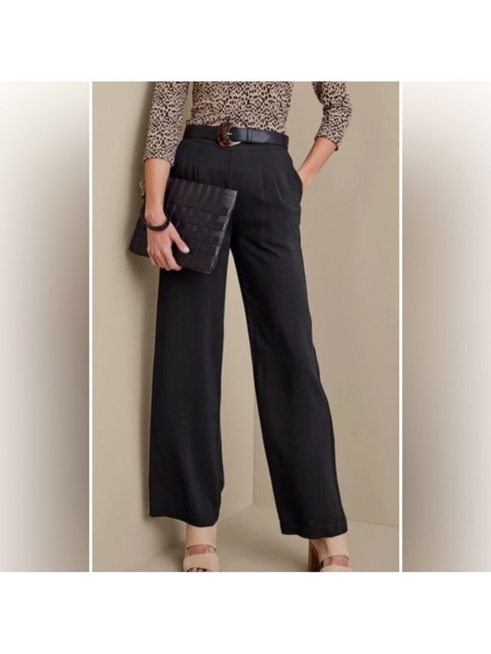 Soft Surroundings Wide Leg Black Melita Pleated Pants with Pockets size large